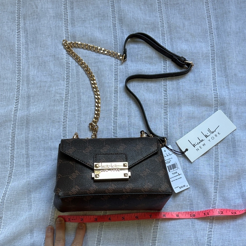 Nicole Miller Brown Logo Print Chain Shoulder Bag - Picture 11 of 14